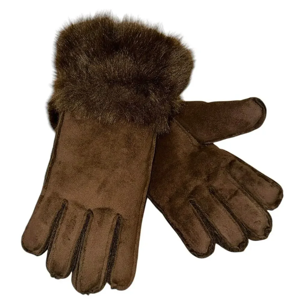 NWT Womens Brown Faux Fur Cuff Gloves Cozy Winter‎ Dress Gloves